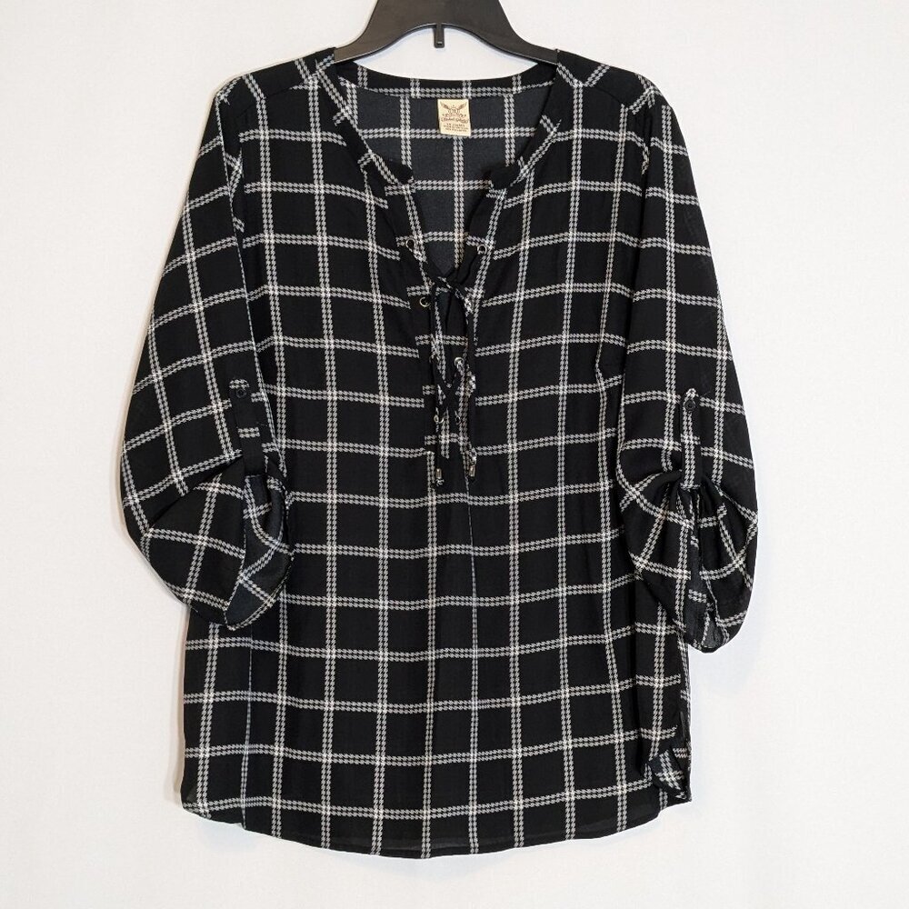 FADED GLORY Black/White Chiffon 3/4 Sleeve Boho Peasant Top; Size 1X (16W)